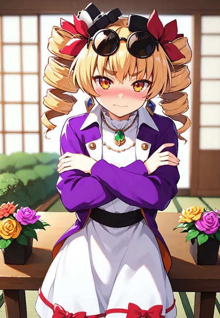 1girl, solo, yorigami jo'on, (drill hair:1.2), (eyewear on head:1.3), (jewelry:1.3), (white dress:1.4), (purple jacket:1.5), (facing camera:0.8), (slightly open mouth:0.1), natural pose, (light entering from left:1.5), (Japanese-style temple:1.5), (sliding doors:1.4), (vibrant flower garden:1.2), (blurred temples in background:0.8), (character's left shoulder closer:1.3), (thick paint style:1.4), (facing down shyly:1.1), (blushing:0.7), (jewelry:1.3), (white dress:1.4), (purple jacket:1.1), (facing camera:1.5), (shy smile:0.2), (nervous smile:0.7), (head tilted clockwise:1.3), (shoulders slightly hunched:1.2), (sliding doors:1.4), (vibrant flower garden:1.2), (blurred temples in background:0.8), (arms resting on table:1.5), (hands resting firmly on table:1.2), (arms on table:1.6), (no hand movement:1.3), (crossed arms on table:1.6), (thick paint style:1.4), (head slightly tilted:1.3), (furrowed brows:1.7), (mouth slightly open with smile:0.4), (embarrassed:1.5)(looking at the camera:1.6), (playful yet uncomfortable expression:1.2), (slight shoulder shrug:1.3), body leaning slightly forward, soft sunlight shining in from the left, temple room with sliding doors half-open, colorful flowers outside, other distant Japanese buildings blurred, (morning light:0.8), (bright:0.6), warm lighting, anime style highly detailed shadows, warm atmosphere, anime art style, sunlight on face, soft glow. <lora:char-joon:1>