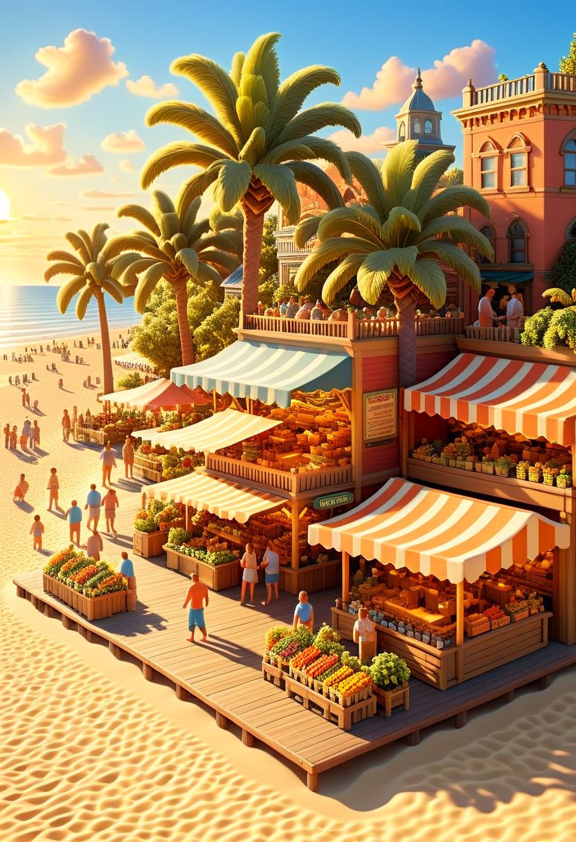 ispzxll, diorama, isometric, miniature, beach scene, boardwalk, market stands,, golden hour, long shadows, volumetric lighting style, pedestrian crowds, mature trees, intricate details, potted plants, ultra-detailed, 8k, fluffy clouds and setting sun in background