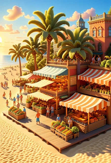 ispzxll, diorama, isometric, miniature, beach scene, boardwalk, market stands,, golden hour, long shadows, volumetric lighting style, pedestrian crowds, mature trees, intricate details, potted plants, ultra-detailed, 8k, fluffy clouds and setting sun in background