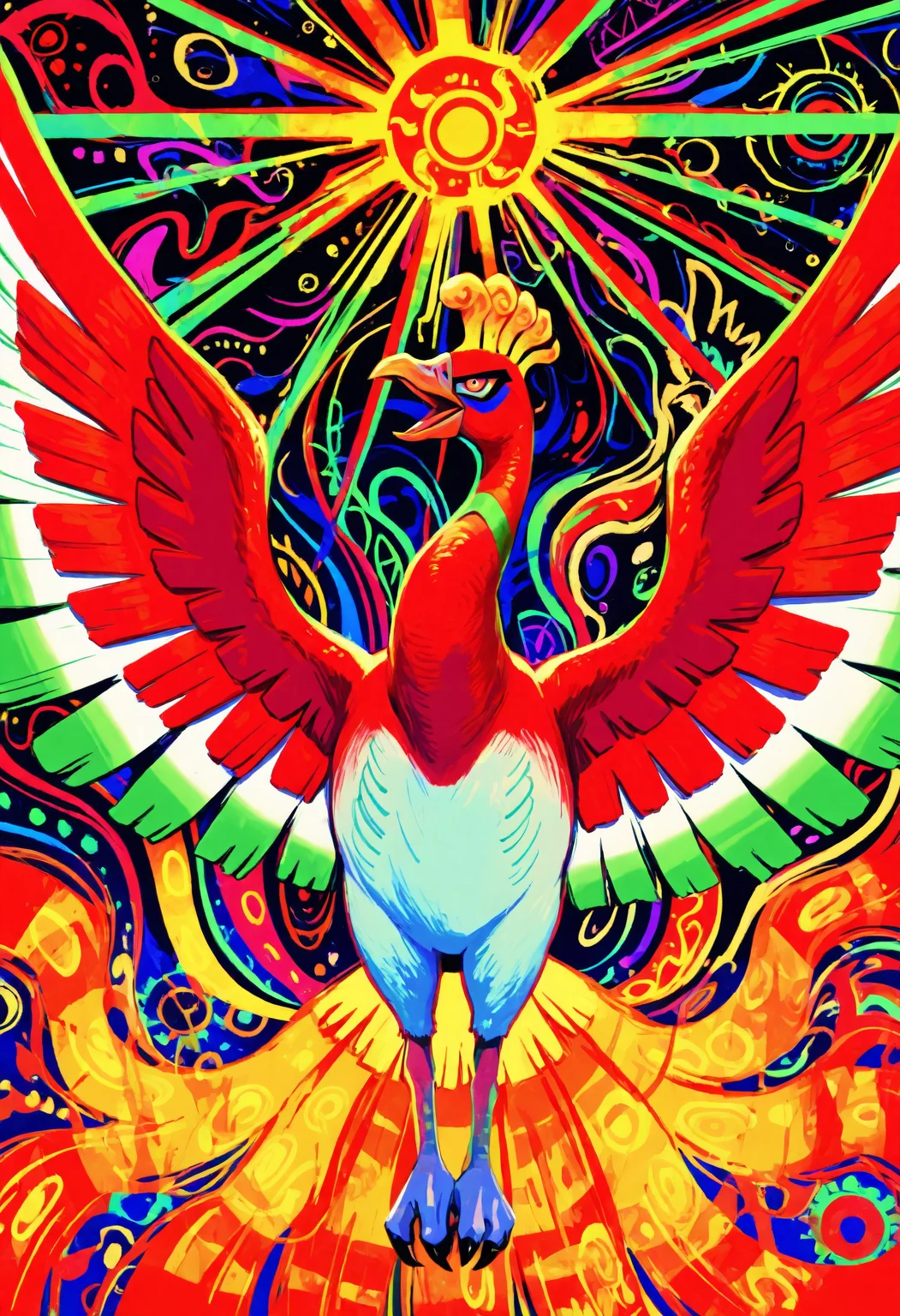 <lora:Style_OtonohaAika:1>, colorful, abstract background, ho-oh, fire, sun symbol, masterpiece, best quality