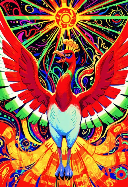 <lora:Style_OtonohaAika:1>, colorful, abstract background, ho-oh, fire, sun symbol, masterpiece, best quality