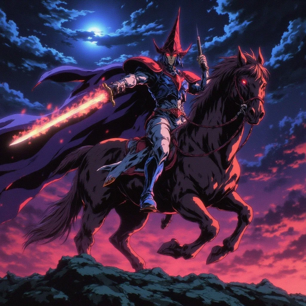 This is a digital artwork in a vibrant, anime-inspired style. The central figure is a male warrior with an imposing and regal appearance. He wears a large, pointed helmet with a red, flame-like design, and his face is partially obscured by a shadow. His eyes are glowing red, adding to his fierce demeanor. The warrior's armor is a mix of blue and red tones, with intricate designs and sharp, angular edges. He holds a long, glowing sword in his right hand, which emits a fiery aura, suggesting it is imbued with magical or mystical power. His left hand is raised, holding a shield or staff with a similar fiery glow and d in a futuristic, armored suit with a mix of silver, white, and red colors. The suit is adorned with intricate, metallic designs and has large, protective shoulder pads. He wears a helmet with a pointed, red visor that covers his eyes, adding a sense of mystery and strength to his appearance.  The warrior is riding a powerful, dark brown horse with a muscular build and a mane that appears to be glowing with a faint, ethereal light. The horse's eyes are dark and intense, matching the warrior's demeanor. The background is a dramatic, night-time landscape filled