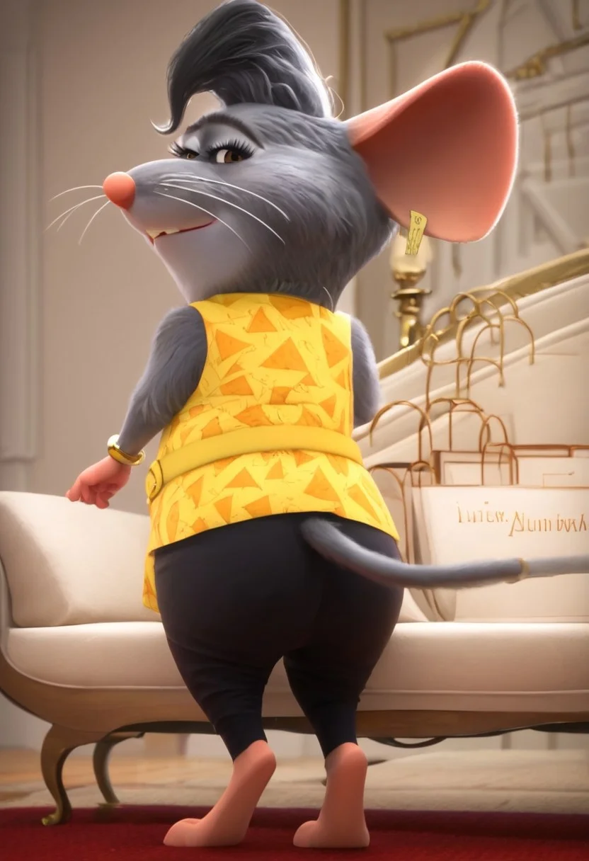 brianca_z+casual, furry, anthro, female mouse, gray fur, dark gray short hair, pink ears, pink nose, three whiskers on each side, buckteeth, big eyelashes, golden-brown eyes, pink hands (four fingers), pink feet, gray mouse tail, yellow sleeveless top (orange cheese patterns), yellow belt around the waist, black pants, golden earrings, big gold bracelet on right arm, score_8_up, score_7_up, BREAK, 1girl, solo, from behind, looking back, from below, low-angle shot, butt focus, head tilt, looking at viewer, detailed background, 4k, masterpiece, best quality, highly detailed, realistic, 3d, Expressiveh, full shot, no couch