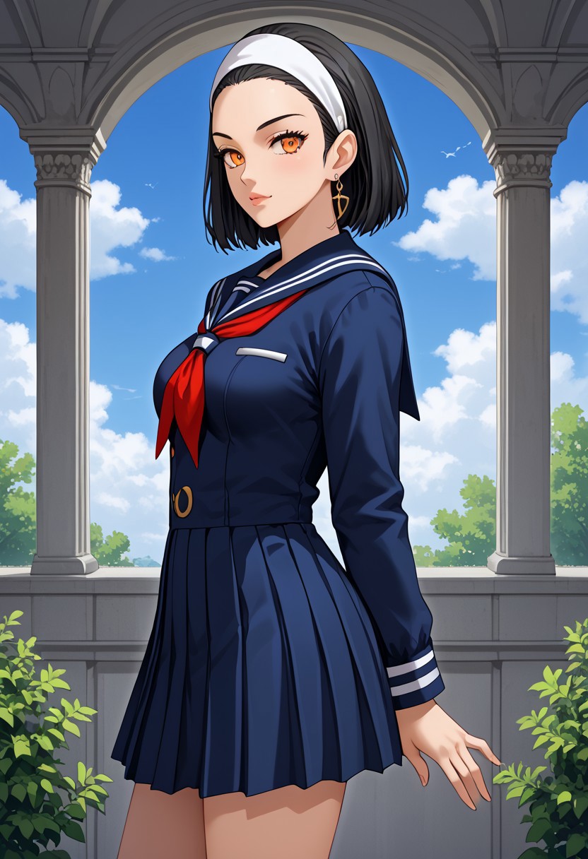 score_9,score_8_up,score_7_up,source_anime,5_figner,2d_animation,game cg,BREAK,1girl,solo,
MT heroine,black hair,earrings,lips,orange eyes,hairband,long sleeves,navy blue school uniform,pleated skirt,navy blue serafuku,
sailor collar,red neckerchief,cosplay,
medium breasts,cowboy shot,looking at viewer,from side,
bluesky,cloud,school,School garden,
masterpiece,best qualit,ultra-detailed,illustration,an extremely delicate and beautiful,beautiful detailed eyes,unity 8k wallpaper,high resolution,anime CG,official_art,