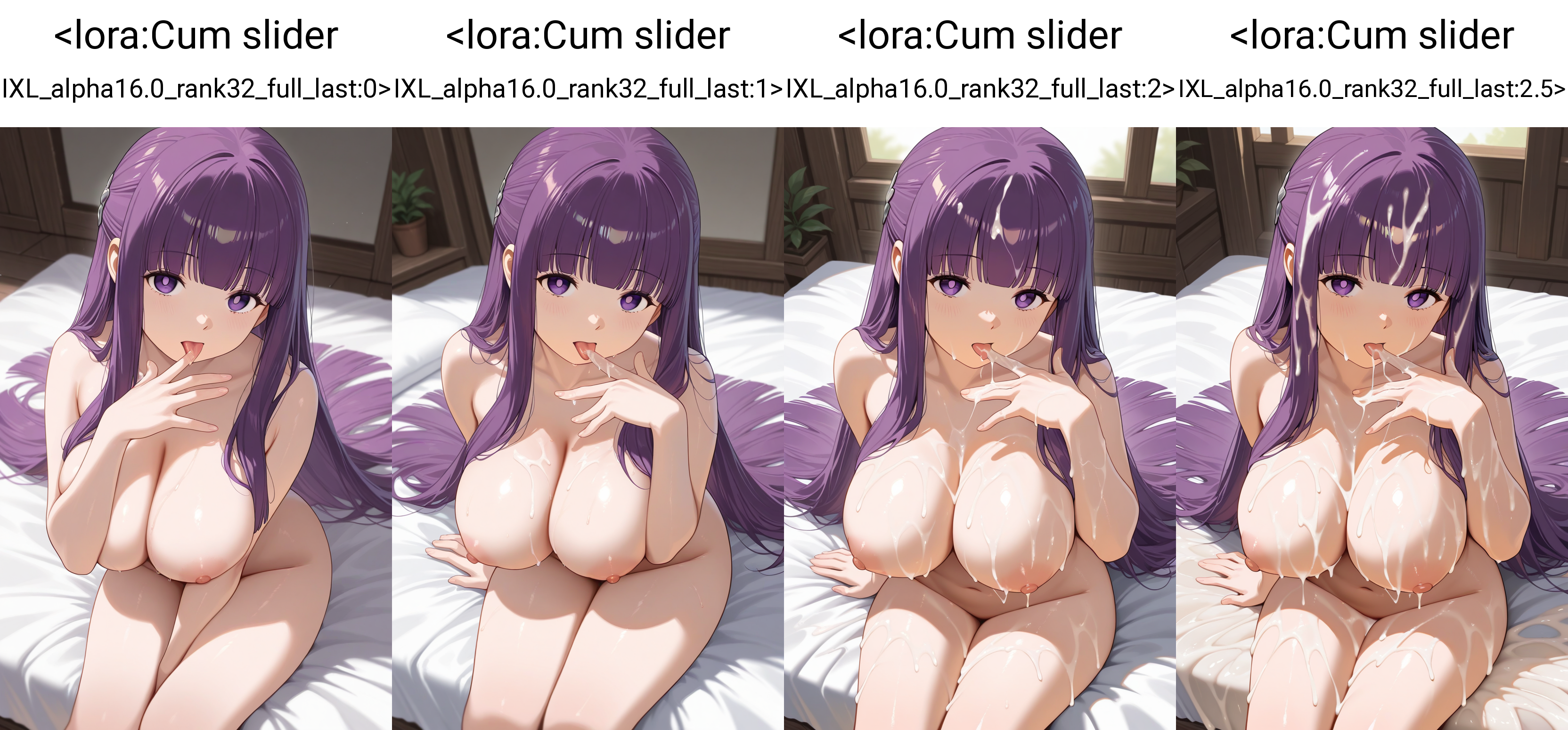 masterpiece, best quality, 1girl, solo, sitting, fern \(sousou no frieren\), completely nude, licking finger, looking at viewer,   <lora:Cum slider IXL_alpha16.0_rank32_full_last:0>