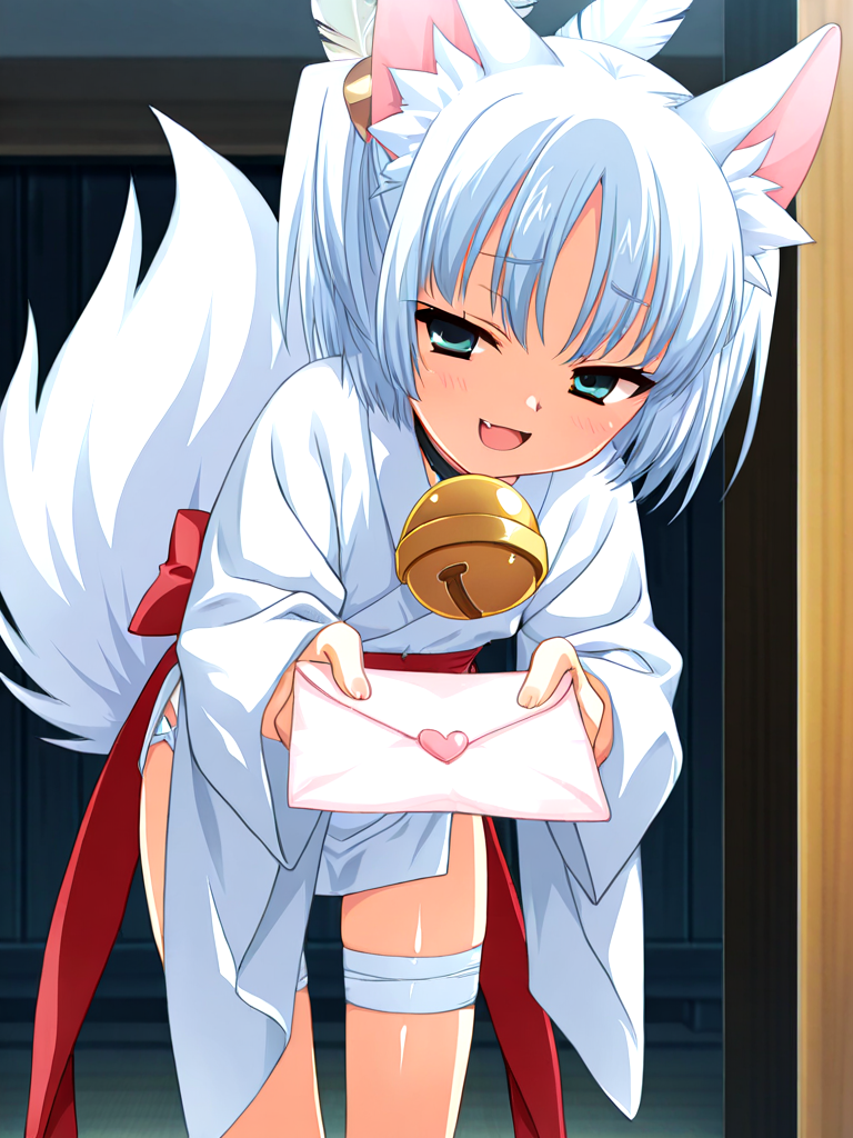 <lora:il-ruri-tenshin-rurikami-000009>,il-ruri-tenshin,1girl,rurikami outfit,silver hair,solo,japanese clothes,short hair,side hair ornament is feathers tied on green spherical,miko,animal ears,green eyes,white wrap-style japanese clothes with visible skin,neck bell chocker,oversized white kimono sleeves,waist bowtie removed,(red tabi with large golden bell cloth end),exposed thighs,white bandages around the thighs,short white fudonshi,short white fudonshi,fluffy tail,black sole geta with white socks,
masterpiece,best quality,newest,absurdres,highres,detailed eyes,beautiful,detailed background,perfect eyes,anime coloring,anime screencap,
<lora:add-detail-xl:1>,<lora:ponyv4_noob1_2_adamW-000017:0.8>,wear clothes,
1girl,solo,
<lora:incoming_letter_ilxl:1>,incoming letter,hand holding love letter,leaning forward,give you love letter,blush,cowboy shot,
faceless man hand catch letter,
looking at viewer,strong smile,happy,half-closed eyes,fang,