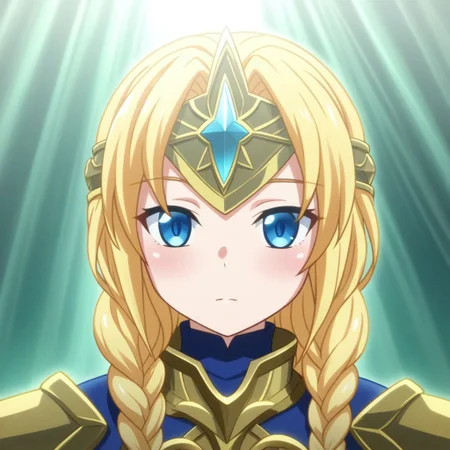 mana_sk style, portrait, focus on face, a valiant paladin girl with braided golden hair and radiant blue eyes, wearing a shining silver headpiece with holy sigils, a soft glow emanating from her armor, her expression resolute and compassionate, faint rays of divine light in the background, Japanese RPG style, noble and inspiring atmosphere, intricate details on her armor and headpiece