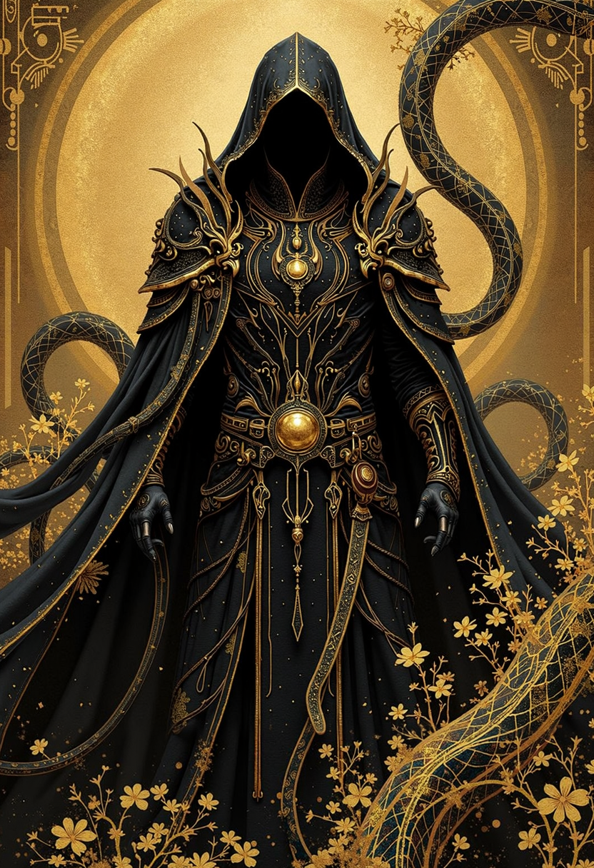 bo-golden, a fantasy character with intricate, ornate clothing and a hooded cloak, surrounded by snakes<lora:boFLUX Golden Noir Abyss.safetensors:1.0:1.0>
