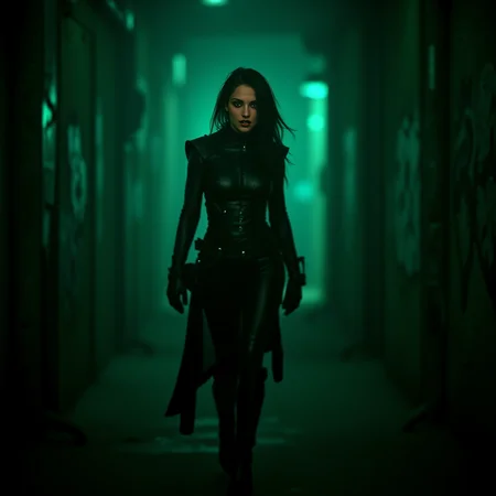 In the depths of a dystopian, post-apocalyptic night, a futuristic woman, clothed in a black, tattered dress draped over worn half leather armor and leather armor pants, walks down a cyberpunk street. Bathed in the soft, atmospheric lighting of the eerily glowing green aura that surrounds her, she fixes her creepy smile and piercing gaze upon the viewer. The dramatic, somber mood of the scene is accentuated by the crumbling, graffiti-covered walls that flank the street, reflecting a world both gothic and science fiction-inspired. The woman's attire and demeanor epitomize the fusion of fantasy and reality, hinting at the secrets and stories hidden beneath the surface of this harsh, unforgiving landscape. Her very presence is a testament to the resilience and adaptability of humanity, even in a world plagued by uncertainty and strife. All of this is brought to life with the breathtaking style of Guweiz, capturing the essence of a world that is equal parts haunting and mesmerizing. <lora:flux_trainer/postApocalypse_v1_rank64_bf16:0.8>, <lora:flux/Sinfully_Stylish_.02_for_FLUX-000002>, <lora:flux/aidmaImageUpgrader-FLUX-V0.1>, detailmaximizer, <lora:flux/perfection style v1>, perfection style,