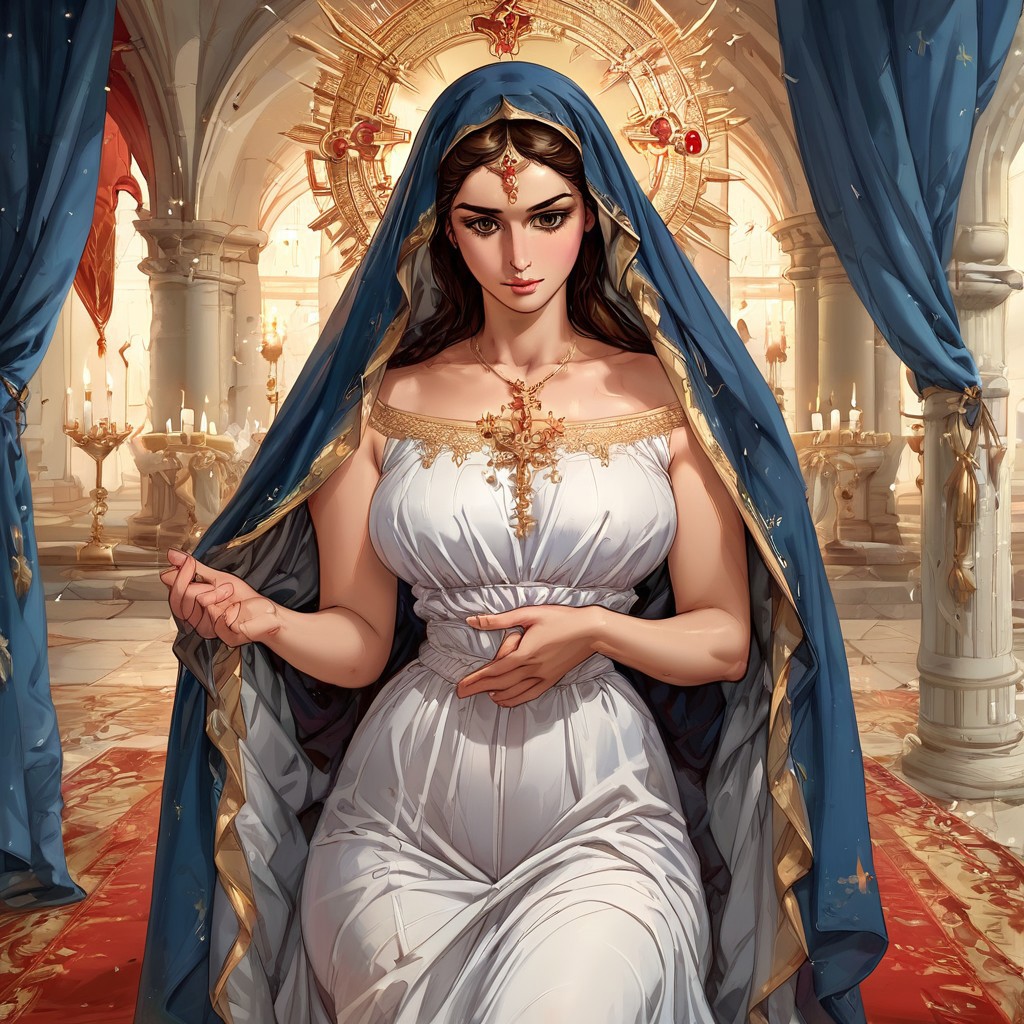 score_9, score_8_up, score_7_up, source_cartoon, rating_explicit, Expressiveh, high quality, ((virgin mary)), traditional robes, blue robes, long dress, flowing robes, golden trim, embroidered cloak, simple tunic, ((ornate veil)), halo, wavy hair, long hair, brunette, covered head, slender figure, delicate frame, mature grace, pretty woman, cute face, dark brown eyes, large legs, (perfect hands), crown, crowned, queen of heaven, (((fully-clothed, sensual, seductive, horny))),
Break     
(((christian, catholic, holy, sacred))),
(Solo), standing, entering into a big tent, red curtains, ((at night)), shyly revealing her private parts, dark, candles, looking down,