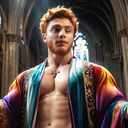 1boy, male focus, beard, Papi, from above, (handsome young cleric conjuring magic), facial hair, (shirtless), (intricate multicolored robes, silk shirt), long swirling robes, best quality, absurdres, masterpiece, light particles, stained glass, realistic face, realistic skin, bodybuilder, ginger, medium hair, (brutalmass, @brtlmss1)