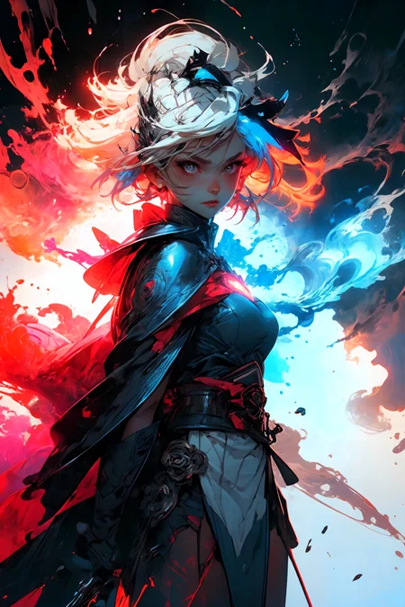 Saber1girl, In hand huge flame great swordwhite blue dressBlue capeBlue bowgorgeous armorplatinum blonde hair
A shot with tension(sky glows red,Visual impact,giving the poster a dynamic and visually striking appearance:1.2),
<lora:~Q?-Saber:0.8>
<lora:more_details:0.4>
 <lora:Cosmic anime-oil fusion v2:0.45> 
<lora:AnimeVibesV3:0.3> animevibes, 
<lora:3DMM_V11:0.5> 3DMM 
<lora:midjourney_20230624181825:0.7> midjourney ,
 <lora:LAS:0.5> cloud,colorful,
<lora:msw_locon-t2:0.6>
 <lora:wuxia2:0.6> gu,
 <lora:CyberpunkStyleV1:0.2> PunkAI ,
<lora:CatgirlMaidV1.0-000003:0.35> CatgirlMaid, shiny, shiny hair, shiny skin, shiny clothes