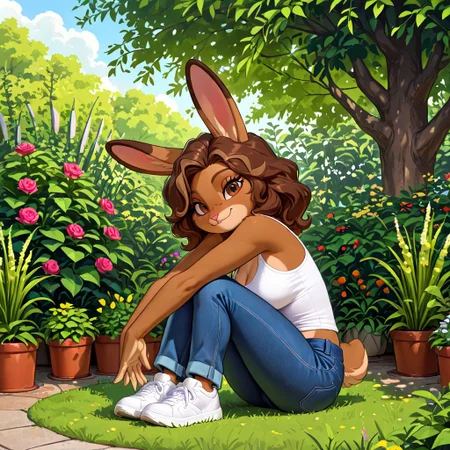 masterpiece, best quality, newest, absurdres, highres, furry, perfect anatomy, Br1anna,1girl,solo,furry,furry female,rabbit girl,brown hair,long hair,rabbit ears,brown eyes,animal nose,buck teeth,body fur,brown fur,rabbit tail, tall woman, white tank top, blue pants, skinny jeans, denim jeans, white shoes, white sneakers, garden, flowers, greenery, scenery, sunny day, looking at viewer, happy, arms down hands together,