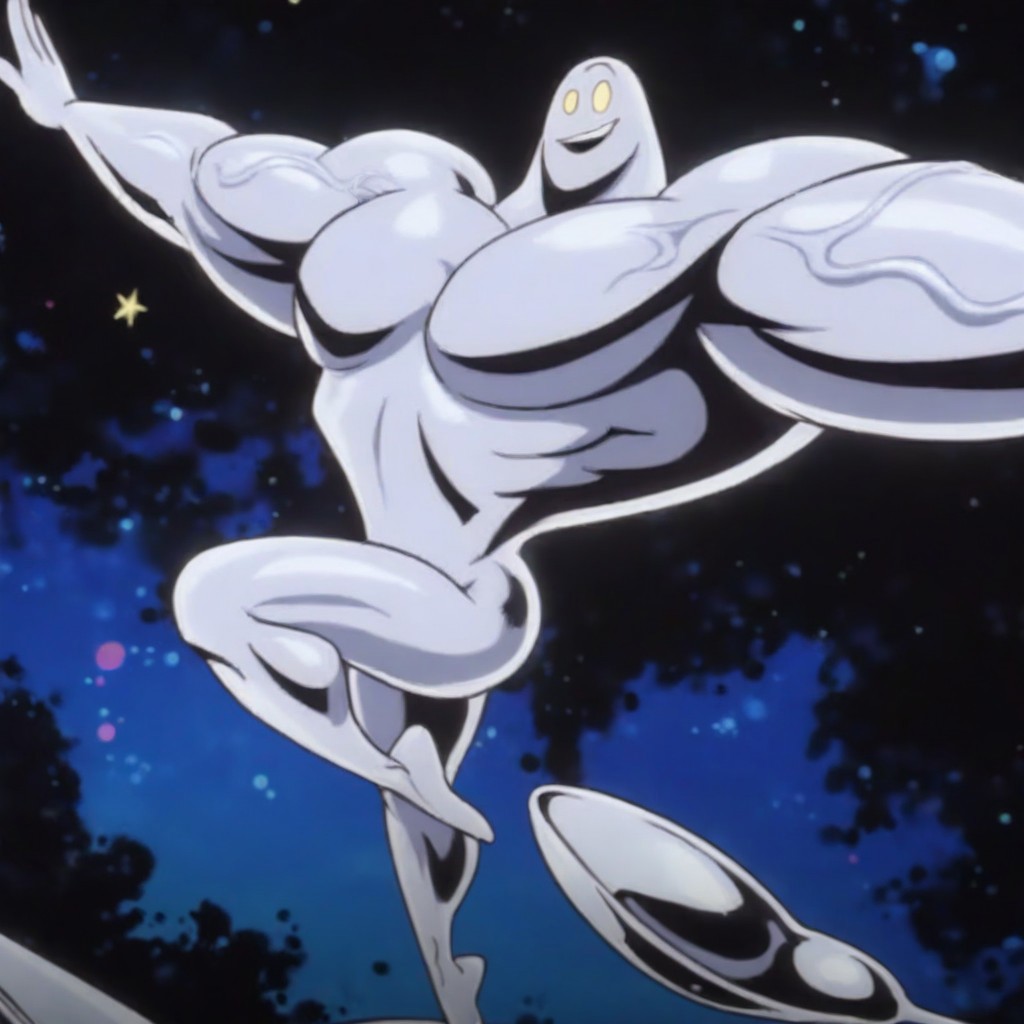 absurdres, masterpiece, 4k, cinematic lighting, dynamic pose, dynamic angle BREAK Silver Spooner, silver skin, yellow eyes, muscular male (large veiny muscles, large pectorals, broad shoulders), 1boy, solo, smile, bent hip, arms out, open mouth, looking to viewer, on one leg, bent leg BREAK space, on spoon