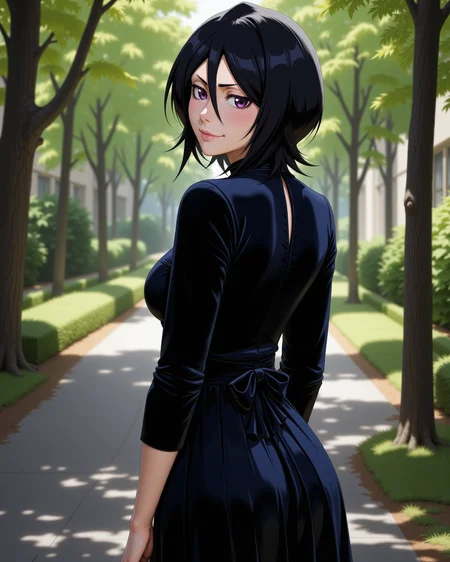 -looking at viewer, outdoors daylight, a 20 year old adult mature woman.
3d CGI Style, back view photo of.
<lora:Bleach_-_Rukia_v2_000030:1> b-rukia, Black Hair, purple eyesVelvet midi dress with a high neckline, three-quarter sleeves, and a ruched waist
Upper Body view passport style