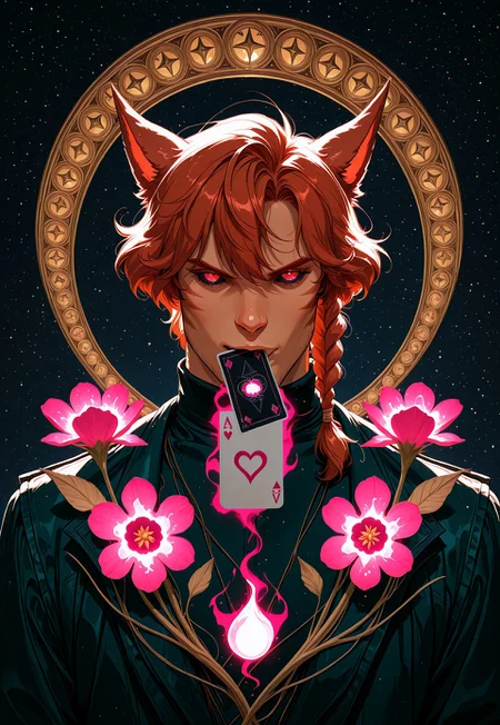 masterpiece, very aesthetic, best quality, absurdres, newest, SMN0UV34UDSK, art nouveau, R3MYL3BEAU, miqo'te, animal ears, cat ears, solo, red eyes, colored sclera, black sclera, short hair, auburn hair,  1boy, male focus, looking at viewer, slit pupils, whisker markings, upper body, single braid, mouth hold, playing cards, card, glowing, black space, flowers, arc en ciel , negative space,  belle époque, jugendstil, secession, liberty, guimard, mucha, klimt, fin de siècle, anime screencap, retro art style, flat color, 