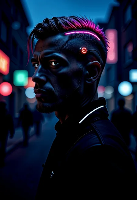 In a dimly lit cyberpunk street at night, a handsome man stands tall, his gaze fixed on the viewer from the side, realistic skin aglow under the natural light, Neon cybernetic arguments / implants on his head and neck and other parts of his body, hinting at the fusion of man and machine coursing through his veins, while his vibrant neon gradient hair is shaved on one side. Detailed eyes pierce through the darkness, radiating intensity, set against the backdrop of a science fiction street humming with life. This 8K masterpiece showcases his chiseled features and neon light reflecting off his cybernetic enhancements, drawing the viewer into a captivating and enigmatic cyberpunk world. <lora:flux_trainer/augments_v2_rank65_bf16> <lora:flux/flux_realism_lora> <lora:flux/aeshteticv2>, aesthetic_pose, dynamic_pose,