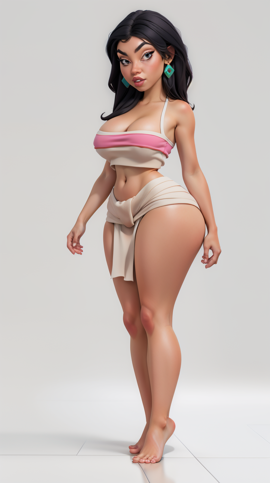 <lora:F3G4lva0:0.5> as <lora:Chel_character:1>, high detailed, masterpiece, perfect hands, black long hair, big breast, wide hips, thick thighs, loincloth, barefoot, looking at viewer, ultra realistic digital art, a 3D render, photorealism, clean scene, white background, white wall, shinny floor, white floor, <lora:P2p0:0.7>