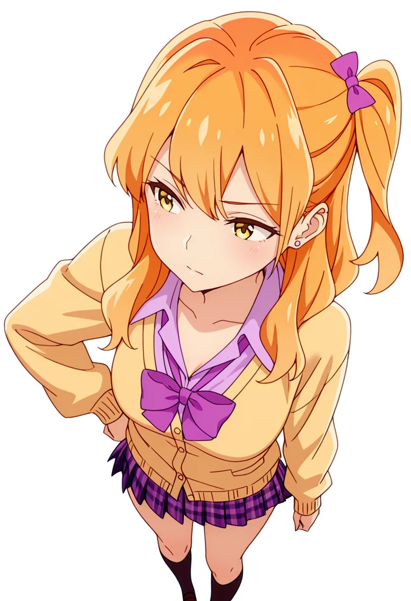 masterpiece,high quality details,absurdres,
<lora:Chibana_Sumika:0.8>
sumika_cnr, 1girl,orange hair, long hair, yellow eyes,one side up, bangs,stud earrings,
sumika_s2, gyaru, kogal, plaid skirt, pleated skirt, yellow cardigan, collared shirt, hair bow,purple bowtie, kneehighs, stud earrings, long sleeves,, simple background, white background, from above,solo,, d:,