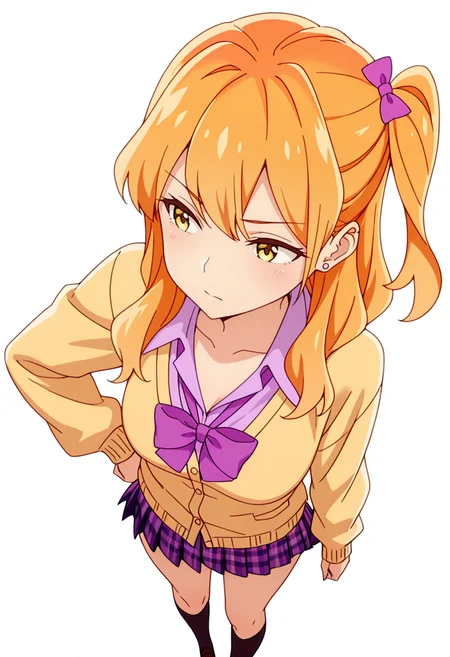 masterpiece,high quality details,absurdres,
<lora:Chibana_Sumika:0.8>
sumika_cnr, 1girl,orange hair, long hair, yellow eyes,one side up, bangs,stud earrings,
sumika_s2, gyaru, kogal, plaid skirt, pleated skirt, yellow cardigan, collared shirt, hair bow,purple bowtie, kneehighs, stud earrings, long sleeves,, simple background, white background, from above,solo,, d:,