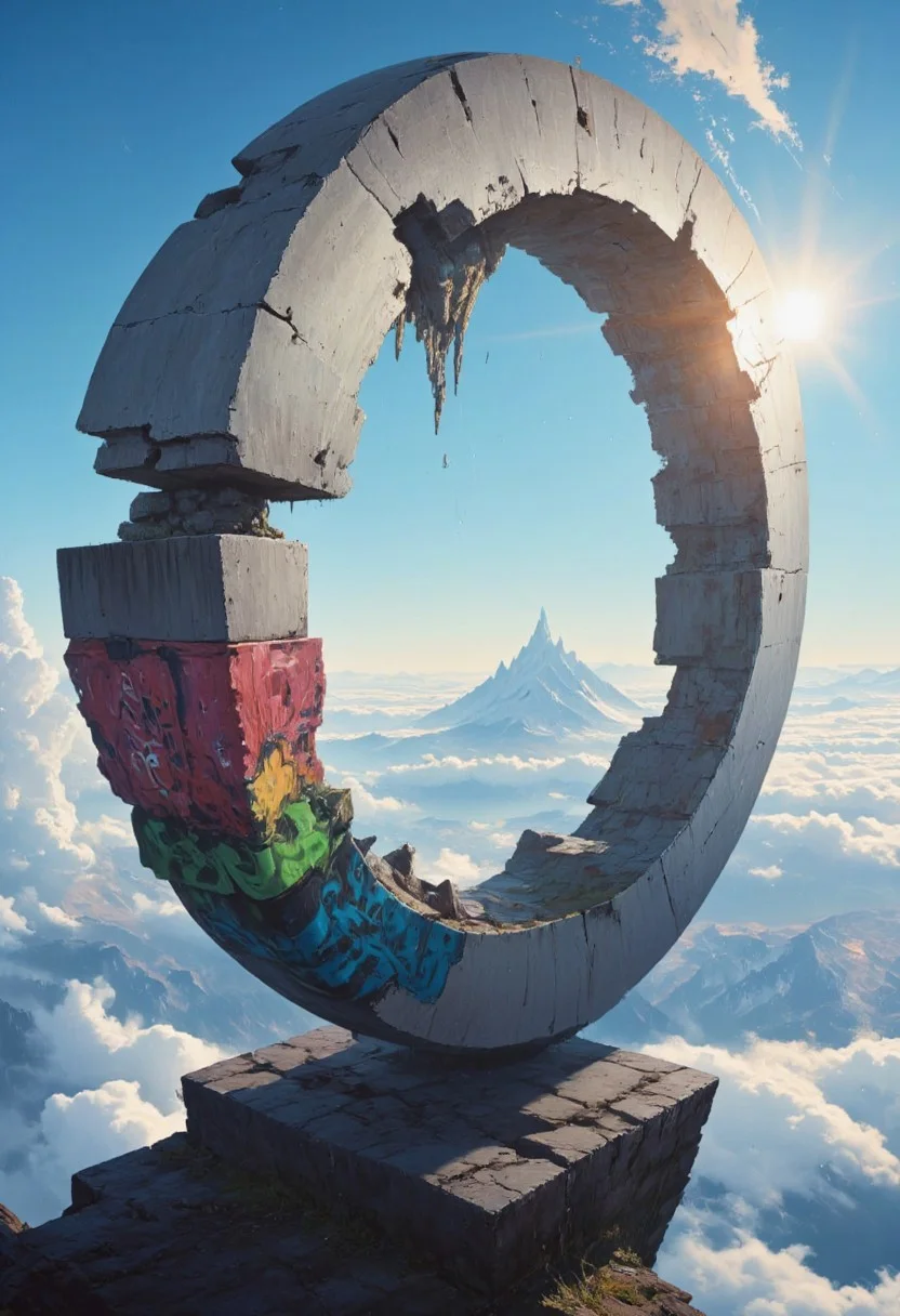 In a dystopian world, a monumental construct made of weathered white stones hovers high above the clouds. Set against a bright blue sky, volumetric clouds pass through the sunlight, casting dramatic, atmospheric beams. The structure, once a testament to a higher intelligence, now bears deep cracks and signs of decay, yet defies gravity, suspended weightlessly as if held by unseen forces. adorned with weathered colorful graffiti, The sight is surreal—a floating ruin, its broken and crumbling facade glowing faintly in the golden light. The clouds below it seem to carry its fractured form, while soft shadows dance across the worn, time-ravaged stones. Far above the ground, the construct stretches into the sky, distant yet almost within reach. The bright clouds create an otherworldly aura, with sunlight filtering through and casting soft, warm highlights on the crumbling edges that were once smooth and pristine.Though the atmosphere feels tranquil, almost serene, the decay is undeniable. The structure rises endlessly into the heavens, a floating relic of a lost era, its origins and purpose long forgotten, suspended in the sky as a reminder of what once was. Though the atmosphere feels tranquil, almost serene, the decay is undeniable. The structure rises endlessly into the heavens, a floating relic of a lost era, its origins and purpose long forgotten, suspended in the sky as a reminder of what once was, adorned by the vibrant rebellion of pop-art graffiti now nearly lost to time.