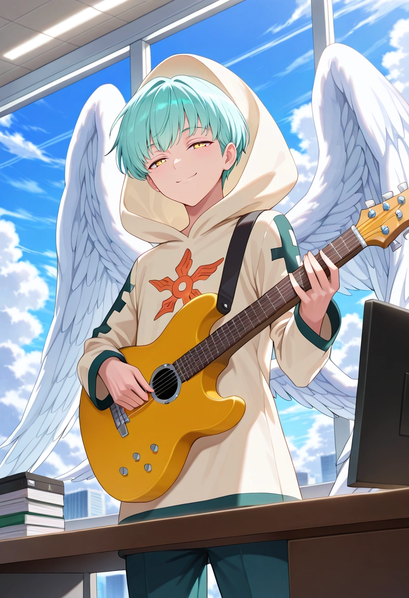 masterpiece, best quality, , , , 1boy, solo, male focus, <lora:sariel_nnt_ilxl:0.98>, sariel_nnt, aqua hair, yellow eyes, short hair, angel wings, feathered wings, hood, asymmetrical, office, computers, day, clouds, holding instrument, half-closed eyes, smile,