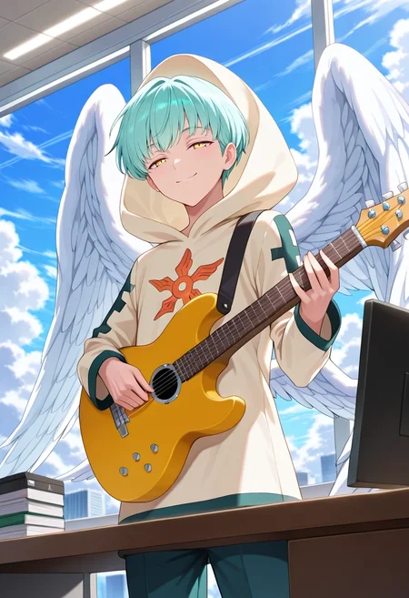 masterpiece, best quality, , , , 1boy, solo, male focus, <lora:sariel_nnt_ilxl:0.98>, sariel_nnt, aqua hair, yellow eyes, short hair, angel wings, feathered wings, hood, asymmetrical, office, computers, day, clouds, holding instrument, half-closed eyes, smile,