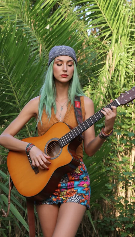 Generate an anime inspired image of a modern hippie girl.

She has long, flowing green hair with a vibrant Matte Gray bandana The edges of the bandana might have a bit of fraying or intentional fringe for a bohemian touch . 

She wears a vinyl mini skirt with fascinating colors and brilliant patterns. 
 She is wearing beaded wristbands. She is wearing a peace sign necklace.

She is playing a soulful tune on an acoustic guitar, her eyes closed in peaceful contemplation.

She has realistic skin that is not flawless. She has Glazed ruby eyes. She has a aquiline nose. She has a large chin. She has a elegant Close Set breasts. She has natural unshaven body hair.  She has not recently showered, her skin may be a little bit dirty. She wears little make-up except for her lip gloss.  She has painted fingernails