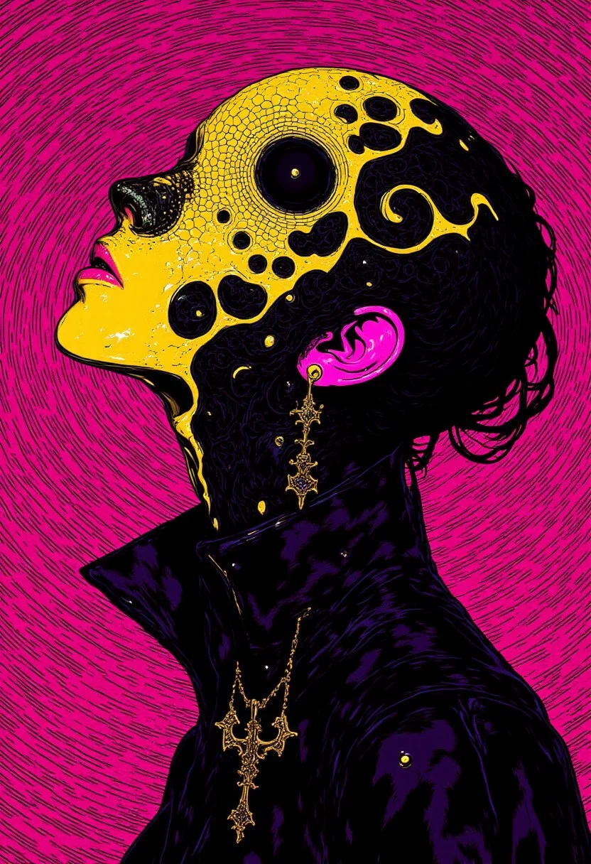 A highly detailed digital illustration inspired by 90s anime and pop art depicts a woman in avant-garde fashion couture, clad in an asymmetrical vantablack ensemble that seamlessly merges futurism, urban streetwear, and the refined sophistication of Milan Fashion Week 2023. Her outfit features sharp, angular cuts and layered textures, contrasting glossy and ultra-matte finishes to create a striking sense of depth and modernity. Her head is loosely enveloped in a surreal, sculptural mesh veil, its exaggerated form creating ample negative space around her face. The mesh’s interwoven structure casts intricate patterns of light and shadow, teasing glimpses of her enigmatic expression while accentuating her ethereal silhouette. The background is a mesmerizing fusion of toxic magenta and acid yellow fractal lines, forming an intricate optical illusion that creates depth and movement. These vibrant, chaotic patterns contrast sharply with the sleek minimalism of her vantablack attire, heightening the surreal tension of the composition. Cinematic lighting enhances the scene, subtly illuminating the bold fractal designs while emphasizing the mysterious interplay of shadows and textures.
