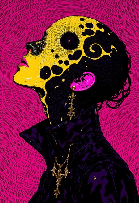 A highly detailed digital illustration inspired by 90s anime and pop art depicts a woman in avant-garde fashion couture, clad in an asymmetrical vantablack ensemble that seamlessly merges futurism, urban streetwear, and the refined sophistication of Milan Fashion Week 2023. Her outfit features sharp, angular cuts and layered textures, contrasting glossy and ultra-matte finishes to create a striking sense of depth and modernity. Her head is loosely enveloped in a surreal, sculptural mesh veil, its exaggerated form creating ample negative space around her face. The mesh’s interwoven structure casts intricate patterns of light and shadow, teasing glimpses of her enigmatic expression while accentuating her ethereal silhouette. The background is a mesmerizing fusion of toxic magenta and acid yellow fractal lines, forming an intricate optical illusion that creates depth and movement. These vibrant, chaotic patterns contrast sharply with the sleek minimalism of her vantablack attire, heightening the surreal tension of the composition. Cinematic lighting enhances the scene, subtly illuminating the bold fractal designs while emphasizing the mysterious interplay of shadows and textures.