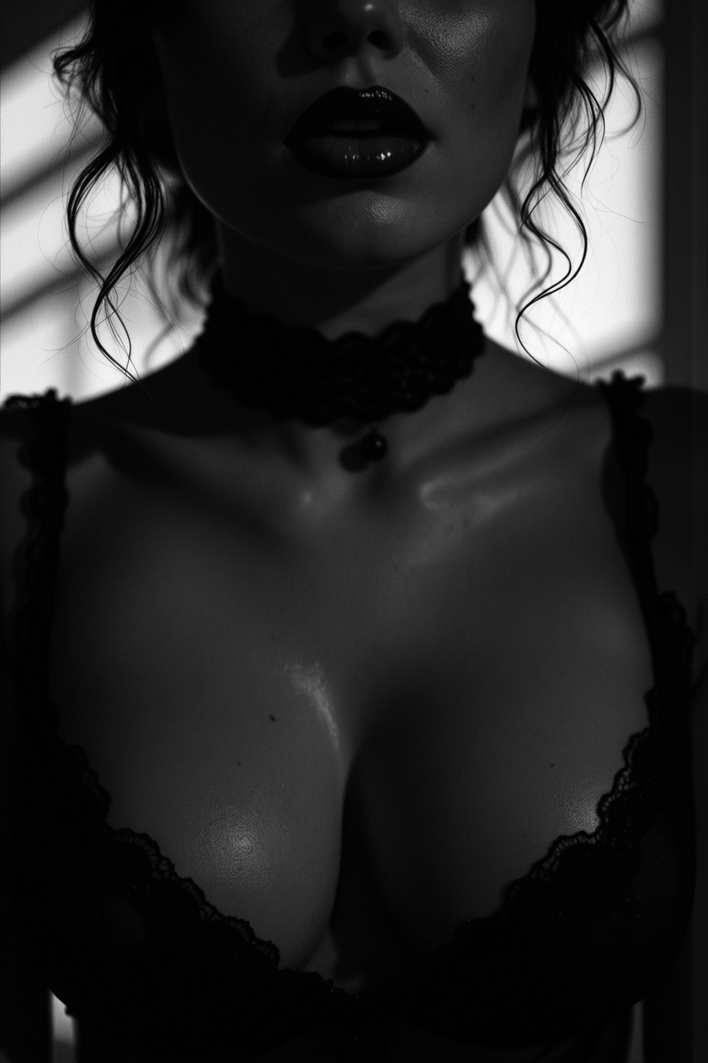 Photo of a woman, (lips, tongue), Captured with a 35mm lens, wearing a sheer black outfit, choker, the composition is highly detailed, luminous, ((nipple outline, breast focus, small perky breasts)), sensual smirk, emotional, provocative lighting, (b&w, Monochromatic, Film Photography:1.3),  Photorealistic, Hyperrealistic, Hyperdetailed, film noir, analog style, soft lighting, subsurface scattering, realistic, heavy shadow, masterpiece, best quality, ultra realistic, 8k, golden ratio, Intricate, High Detail, film photography, soft focus, 3/4 view