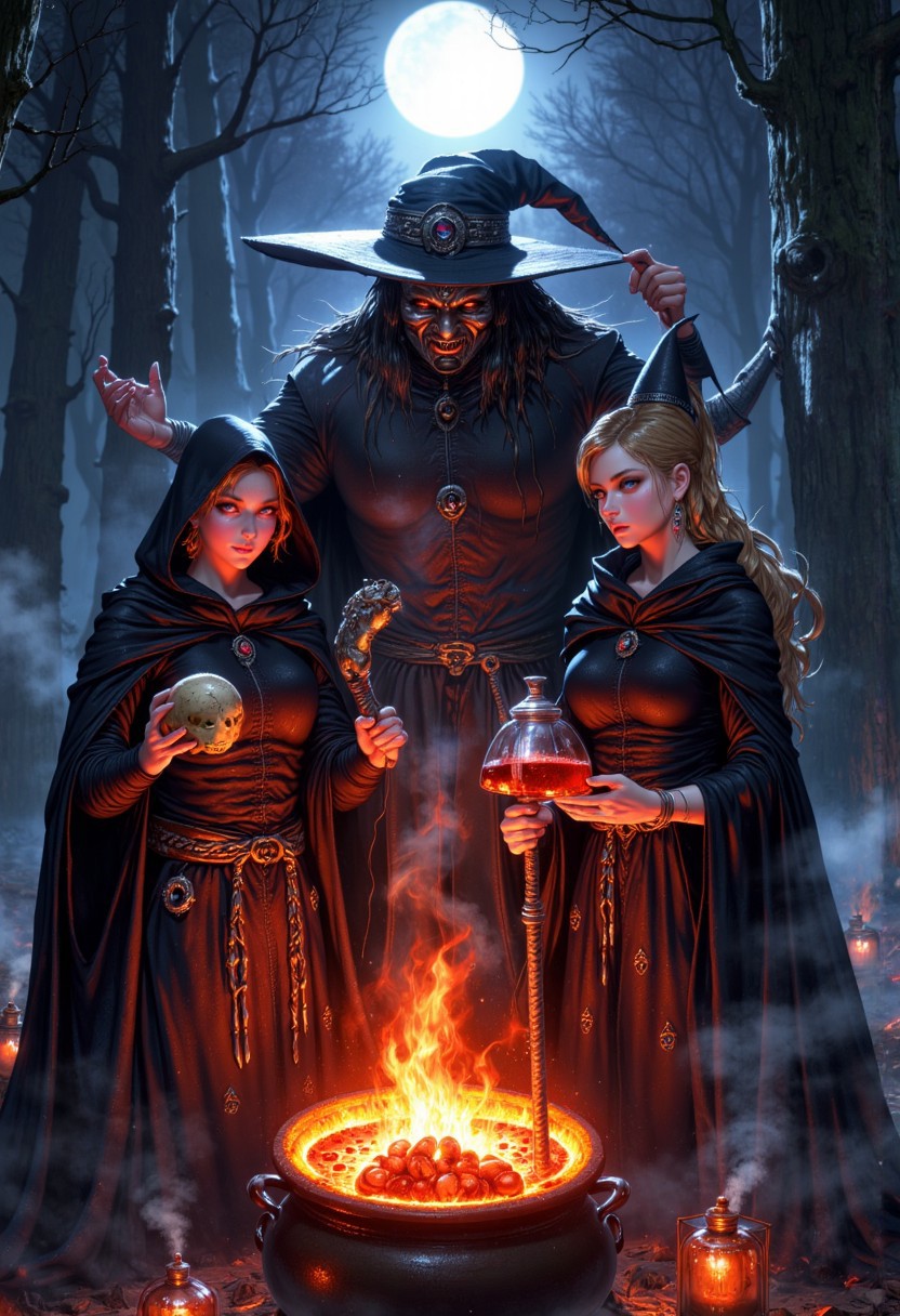 Masterpiece, Three witches in a dark and eerie setting. The witches are dressed in medieval-style clothing and are standing in front of a large cauldron filled with flames. The cauldron appears to be burning brightly, with the flames reaching up towards the top of the cauldron. In the center of the image, there is a large witch wearing a metal face mask and holding a staff. The witch on the left is wearing a hooded cloak and is holding a skull-like object in their hand. On the right is a witch with a long, pointed hat and a long hair, wearing a cloak and holding a potion. The background is dark and foggy, with trees and a full moon visible in the distance. The overall mood of the illustration is ominous and foreboding. high-res, semi realistic, best quality, intricate details, ultra details, good lighting, vibrant colors, very detailed, octane render, ray tracing, mythp0rt