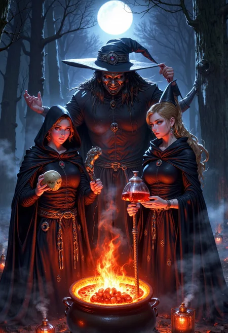 Masterpiece, Three witches in a dark and eerie setting. The witches are dressed in medieval-style clothing and are standing in front of a large cauldron filled with flames. The cauldron appears to be burning brightly, with the flames reaching up towards the top of the cauldron. In the center of the image, there is a large witch wearing a metal face mask and holding a staff. The witch on the left is wearing a hooded cloak and is holding a skull-like object in their hand. On the right is a witch with a long, pointed hat and a long hair, wearing a cloak and holding a potion. The background is dark and foggy, with trees and a full moon visible in the distance. The overall mood of the illustration is ominous and foreboding. high-res, semi realistic, best quality, intricate details, ultra details, good lighting, vibrant colors, very detailed, octane render, ray tracing, mythp0rt