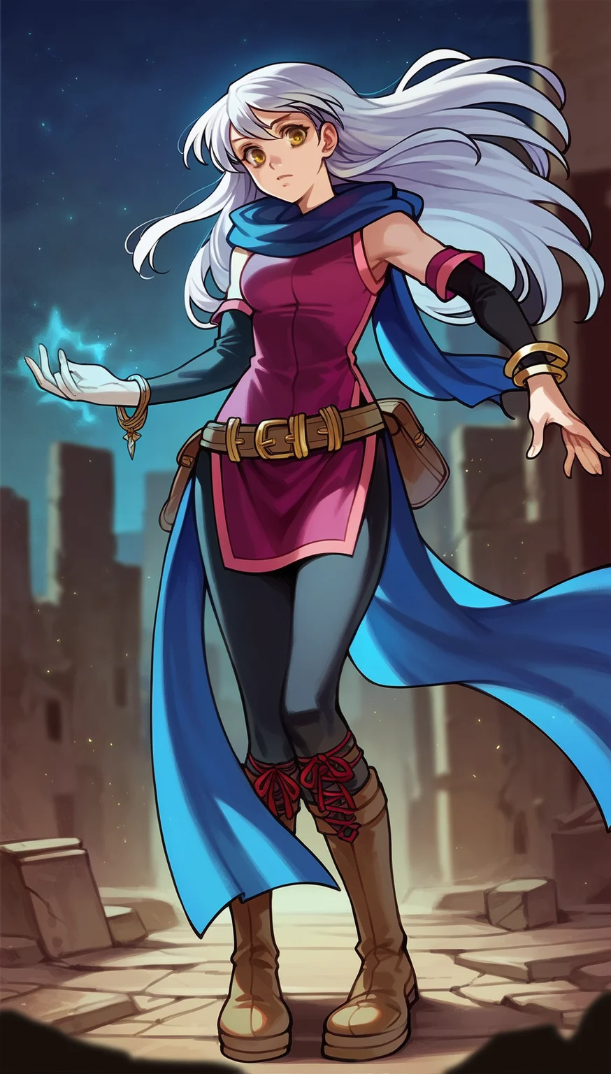 score_9,score_8_up,score_7_up,
highres,highly detailed,
<lora:micaiah:0.9>,
micaiahfe,
1girl,solo,
white hair,long hair,bangs,
yellow eyes,looking at viewer,blue scarf,purple sleeveless tunic,black detached sleeves,gold bracelet,red ribbon,brown leather belt,belt pouch,
black pantyhose,brown knee boots,
full body,facing aside,elegant stance,dynamic pose,spell,magic power, 
blurry background,outdoors,night,(bloom:1.1),(light particles:1.1),starry sky,rubble_ruins,