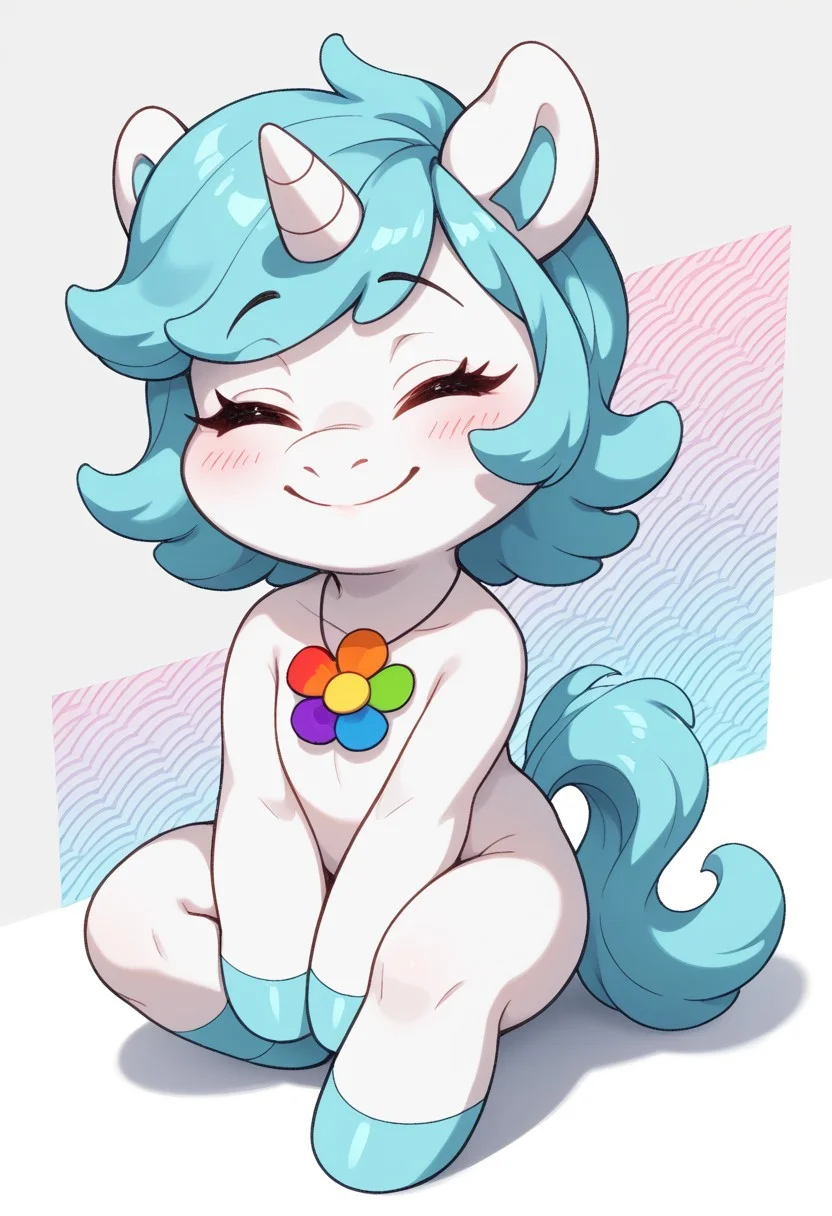 zPDXL3, masterpiece, absurdres, intricate detail, very aesthetic, score_9, score_8_up, score_7_up, score_6_up, no humans, furry,  
solo, 1girl, Craftycorn, unicorn girl, unicorn, closed eyes, happy, white body, white fur, light blue hair, necklace, rainbow flower necklace, light blue hooves, medium hair, chibi, (shortstack:1.2), flat chested, light blue tail, horse tail, long tail, head tuft, shy, blushing, blush, smile, mouth closed, emanata, motion lines, eyebrows visible through hair, 
(paint splatter:1.2), looking at viewer, head tilt, leaning forward, sitting, on floor, eyelashes, 
detailed shading, absurdres, high-angle view, from above, full body, psychedelic background, colorful,
