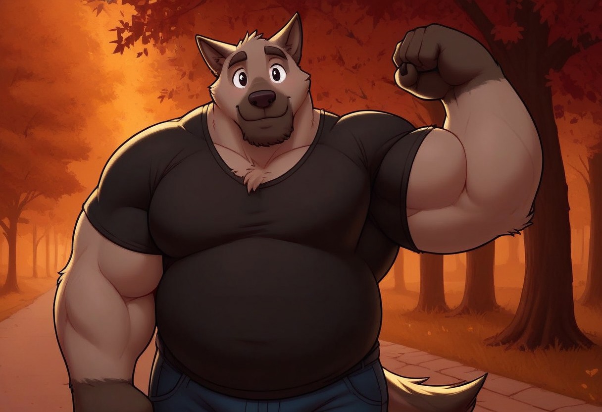 score_7, score_8, score_9, dynamic lighting, detailed background, background is park, trees, walking path, benches, sunny, (close up), cowboy shot,
BREAK 
Solo, 1 male, single male, anthro, furry male, male wolf, Doug, grey fur, animal nose, black eyes, black hands, black feet, feet claws, chest fur tuft, black wolf tail, pointy ears, chubby, tall, big hands,
BREAK 
standing, looking at viewer, smiling, shy, jeans, black t shirt, flexing muscles, flexing arms, flexing biceps