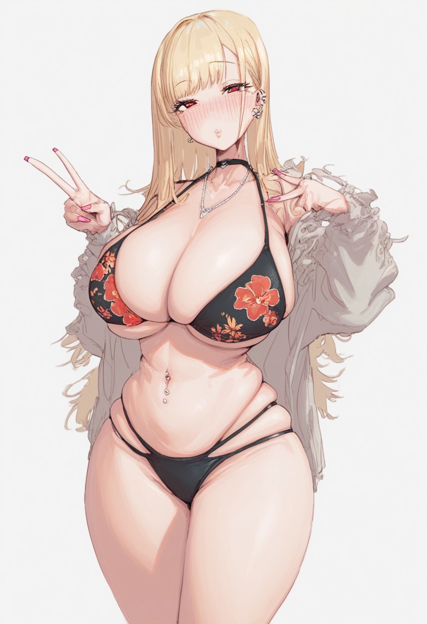 score_9,score_8_up, score_7_up,leebo,1girl, breasts, swimsuit, bikini, blonde hair, black bikini, long hair, solo, v, floral print, jewelry, red eyes, print bikini, huge breasts, navel, choker, piercing, white background, simple background, blush, cleavage, necklace, earrings, looking at viewer, ear piercing, bangs, pink nails, thighs, skindentation, black choker, kitagawa marin