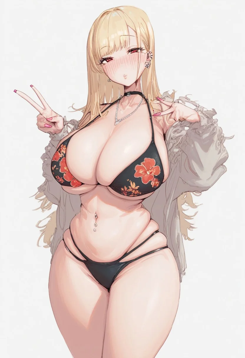 score_9,score_8_up, score_7_up,leebo,1girl, breasts, swimsuit, bikini, blonde hair, black bikini, long hair, solo, v, floral print, jewelry, red eyes, print bikini, huge breasts, navel, choker, piercing, white background, simple background, blush, cleavage, necklace, earrings, looking at viewer, ear piercing, bangs, pink nails, thighs, skindentation, black choker, kitagawa marin