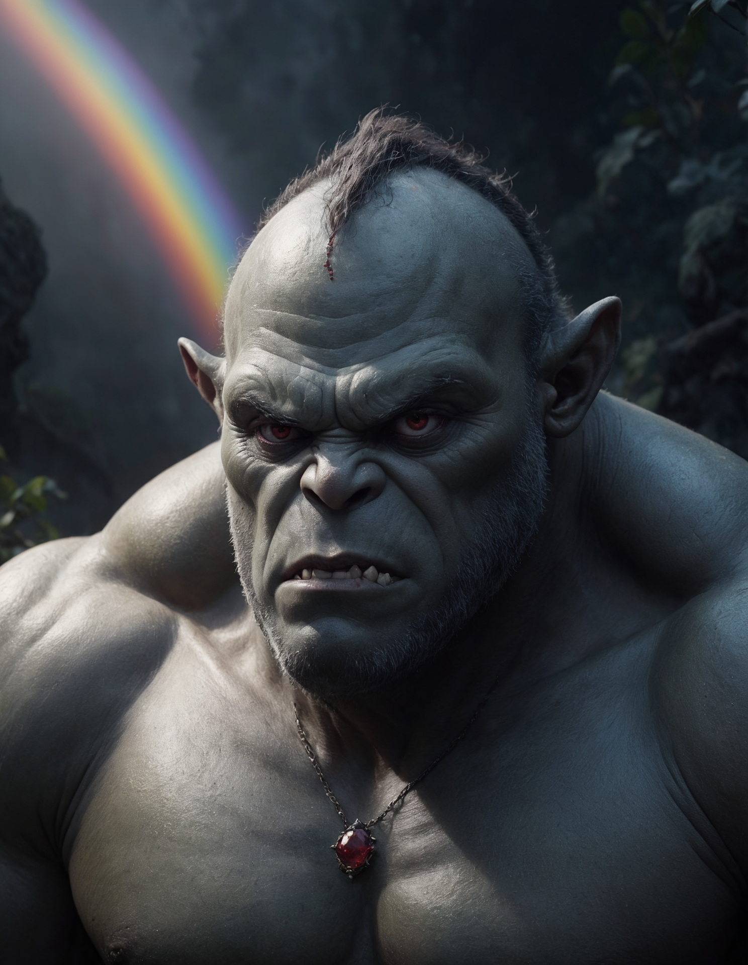 concept art f/1.4, square image, close up film photo, portrait of a Ogre, rainbow long, dark red eyes, silver jewelry, elegant pose, atmospheric lighting, cinematic composition, detailed, summer, mood, Disaster . digital artwork, illustrative, painterly, matte painting, highly detailed