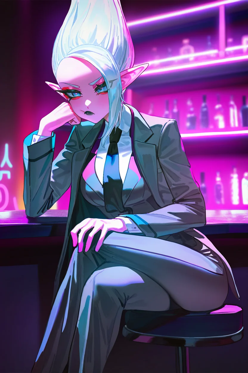 masterpiece, best quality,,arinsu,1girl,solo, pink skin, pointy ears, white hair, hair slicked up, blue-grey eyes, red eyeliner, black lips, asymmetrical bangs,formal,grey suit, grey jacket, grey pants, black necktie,white collared shirt, bar, shelf, purple neon lights,night,contrapposto,pout,medium breasts,long necktie,crossed legs, purple lights,long sleeves,head rest,open jacket, closed mouth,hand on own knee,stool,artist:john_kafka,artist:wanke,artist:quasarcake <lora:DrArinsuIllusV2:1>