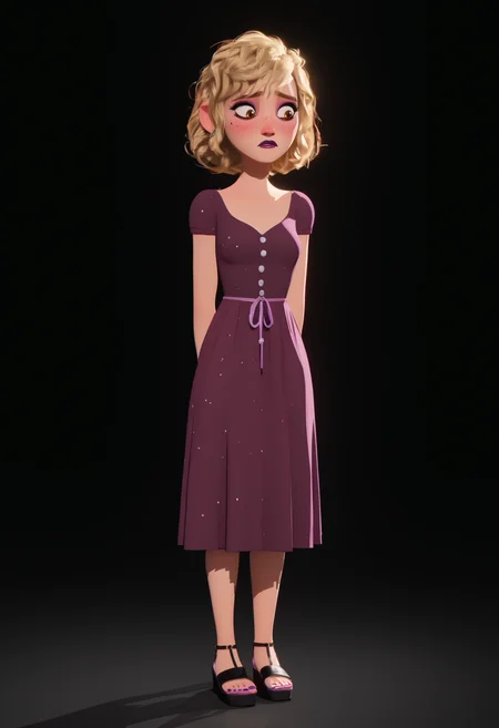score_9,score_8,score_7,score_6,score_5, SH_Style, NIMO, 1woman, medium breasts, yellow eyes, stunning eyes, makeup, eyeliner, blonde hair, curly, black background, piercings, purple lipstick, freckles, 3d, blush, looking away, embarrassed, dress, hands behind back, full body,  <lora:Sheeps_Styles_-_Nimona:1.2>