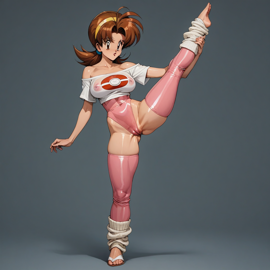 anime artwork, score_9, score_8_up, score_7_up, score_6_up, score_5_up, solo, source_pokemon, delia ketchum, BREAK, MILF, large breasts, 25 year old female, delia ketchum\(Pokemon\), 1woman, (brown hair), brown eyes, shiny skin, perfect beautiful face, long eyelashes, sharp eyes pupils, full lips, parted lips, nice thighs, round ass, nervous expression, shiny skin, naughty face,  dutch angle, front facing, Standing split, brown hair, yellow hairband, brown eyes, retro_workoutwear, 1980s_(style), aerobics, leg_warmers, stirrup_legwear, neon, leggings, shiny_leotard, neon_pink, crop_top, off_shoulder, tented_shirt, cameltoe, skintight, see-through, standing, sexy pose, simple background