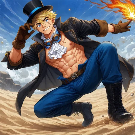 full-length portrait, dynamic pose, blue sky backgrouns, sunny day, vegetation, sand, fire and sparkles, a sexy male, SABO, male focus, 1boy, blonde hair, solo, smile, gloves, ascot, scar, pants, hat, goggles, coat, belt, goggles on headwear, short hair, top hat, shirt, scar on face, brown gloves, black headwear, open clothes, boots, open coat, white ascot, black coat, long sleeves, blue pants, black footwear, pectorals, abs, jacket, blue shirt, black gloves, goggles around neck, blue eyes, muscular, muscular male, scar across eye, white shirt, yaoi