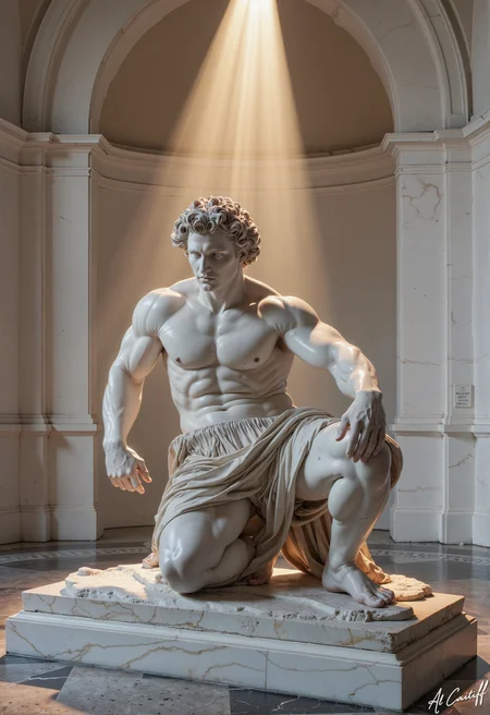 Photograph of a hyper-realistic marble statue depicting a powerfully built Black man with a voluminous curly afro, captured in a moment of dynamic tension. He sits cross-legged on a pristine white marble floor, surrounded by white walls, his muscular torso bare and gleaming under intense golden light that pours from above. His pleated kilt flows in frozen motion as he begins to rise, right knee bent at 90 degrees, left foot flexed to push off the ground, right hand gripping his left wrist with restrained energy. Every vein and muscle fiber is rendered in exquisite detail, the white marble polished to a luminous sheen, bring the black man to life. The monochromatic palette—white statue on white marble—forces all drama into the interplay of light and shadow: his afro casts intricate spirals of darkness across his shoulders, his flexed abs create deep chiaroscuro grooves, and the folds of his kilt throw razor-sharp shadows.<lora:Flux/Dark_side_of_light.safetensors:0.6000000000000001:0.6000000000000001> <lora:CustomFlux/MysticFantasy.safetensors:0.20000000000000004:0.20000000000000004> <lora:CustomFlux/MysticRealism.safetensors:0.5000000000000001:0.5000000000000001> <lora:CustomFlux/MysticXXX-v3.safetensors:0.6000000000000001:0.6000000000000001>