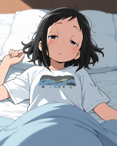 (masterpiece:1.4), (best quality:1.4),  very aesthetic, newest,best quality, amazing quality, absurdres,
amakasu_hisone, 1girl, solo,  blush, medium hair , black hair,  black eyes, sidelocks,
t-shirt,
half closed eyes,looking at viewer,
 <lora:hisone:1>
wake up,lying on bed,on back,sleepy,comforter
