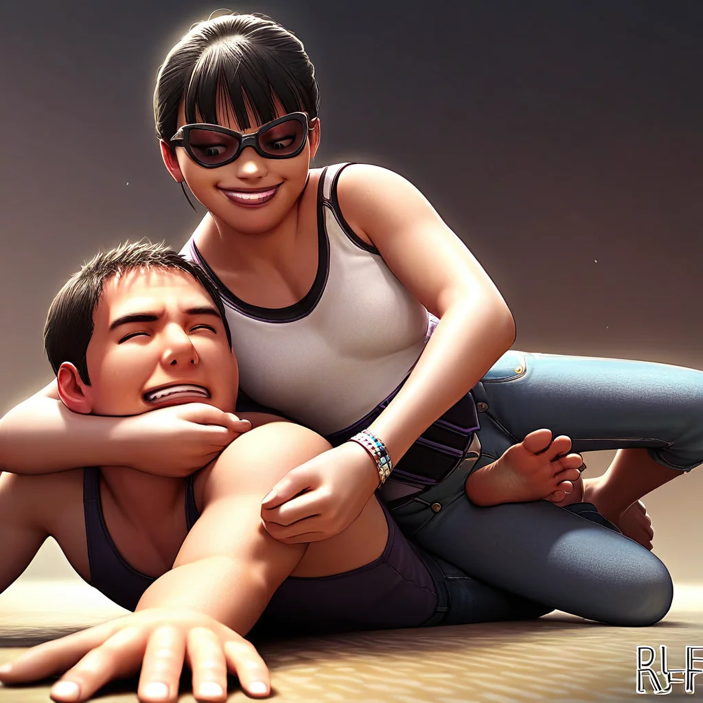 safe_pos, femdom, score_9, score_8_up, score_7_up, score_6_up, STF, good anatomy, 1girl, 1boy, hetero, ryona, submission hold, femdom, street clothes, jeans, tank top, barefoot, feet, femdom, girl smile, man in pain, on floor  bedroom, low angle, source anime