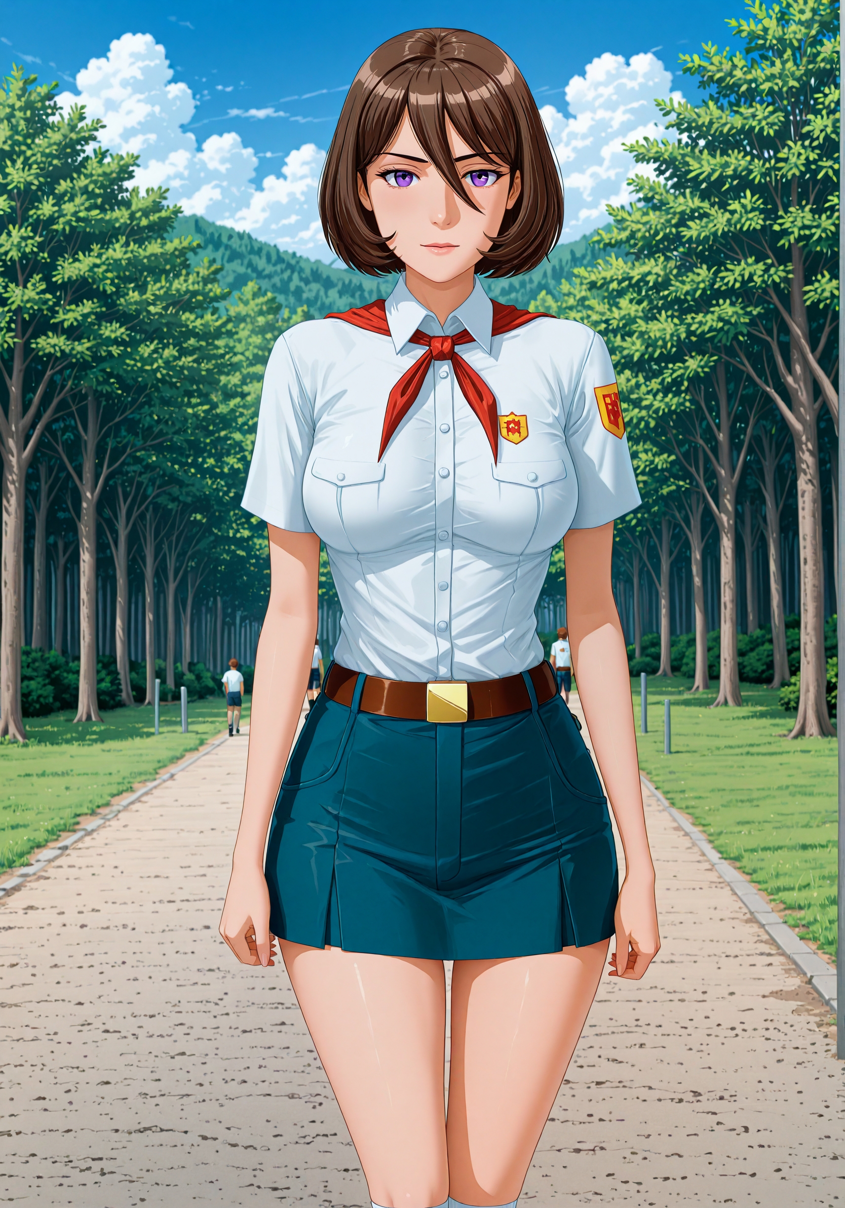 masterpiece, high_quality, highres, detailed_eyes, detailed, masterpiece, best quality, absurdres, 8k, HDR, face_focus, high quality, very_awa, newest, absurdres, highres, depth_of_field, realistic_skin, pinkretroanime, (retro art:0.7), Jeddtl02, p0nyd1sney1ncasev1x0n2, very aesthetic, detailed face, pioneer_uniform, el_pioneer_outfit, white_shirt_pioneer, short_sleeves, pioneer_badge, blue_short_pioneer, red_neckerchief, belt, white_socks, shoes, <lora:Kirishima_Aoki_illustrious_r1:0.8>, brown hair, short hair, purple eyes, (medium hanging breasts:1.1), elegant and dominant, mature, adult, sexy, medium breasts, looking at viewer, detailed beautiful eye, medium breasts, amazing background, clouds, nature, forest, ,  <lora:Everlasting_summer_pioneer_uniform:1>