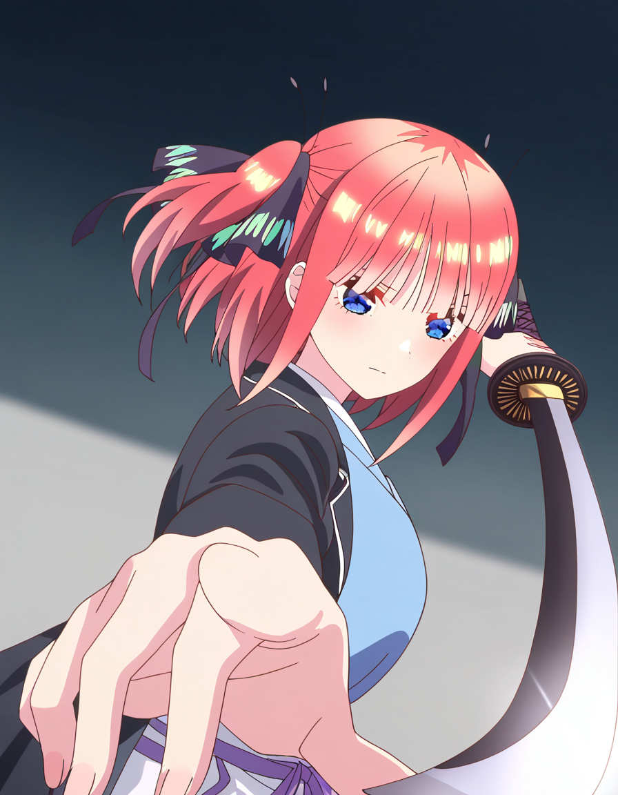 masterpiece, best quality, newest, absurdres, highres, safe,, <lora:nino-nakano-honeymoon-ponyxl-lora-nochekaiser:1>, nino nakano, short hair, bangs, blue eyes, large breasts, pink hair, blunt bangs, side ponytail, one side up, anime screencap, <lora:gatotsu-stance-illustriousxl-lora-nochekaiser:1>, gatotsu stance, weapon, sword, katana, holding weapon, holding, holding sword, foreshortening, japanese clothes, kimono, looking at viewer,, ,