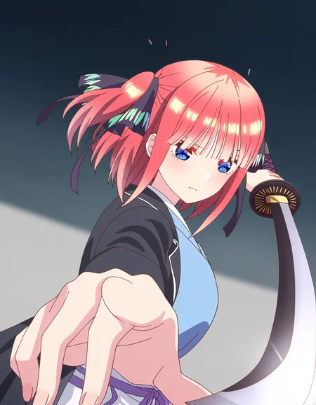 masterpiece, best quality, newest, absurdres, highres, safe,, <lora:nino-nakano-honeymoon-ponyxl-lora-nochekaiser:1>, nino nakano, short hair, bangs, blue eyes, large breasts, pink hair, blunt bangs, side ponytail, one side up, anime screencap, <lora:gatotsu-stance-illustriousxl-lora-nochekaiser:1>, gatotsu stance, weapon, sword, katana, holding weapon, holding, holding sword, foreshortening, japanese clothes, kimono, looking at viewer,, ,