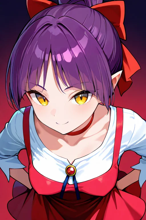 masterpiece, High quality, Ultra detailed, 2d, newest, absurdres, highres, BREAK
1girl, solo, <lora:nekomusume:0.8>, nekomusume, short hair, purple hair, single hair bun, hair bow, red bow, yellow eyes, pointy ears, red choker,
medium breasts, nekonedef, collarbone, long sleeves, white shirt, brooch, short dress, pinafore dress, red dress,
from above, looking at viewer, smile,